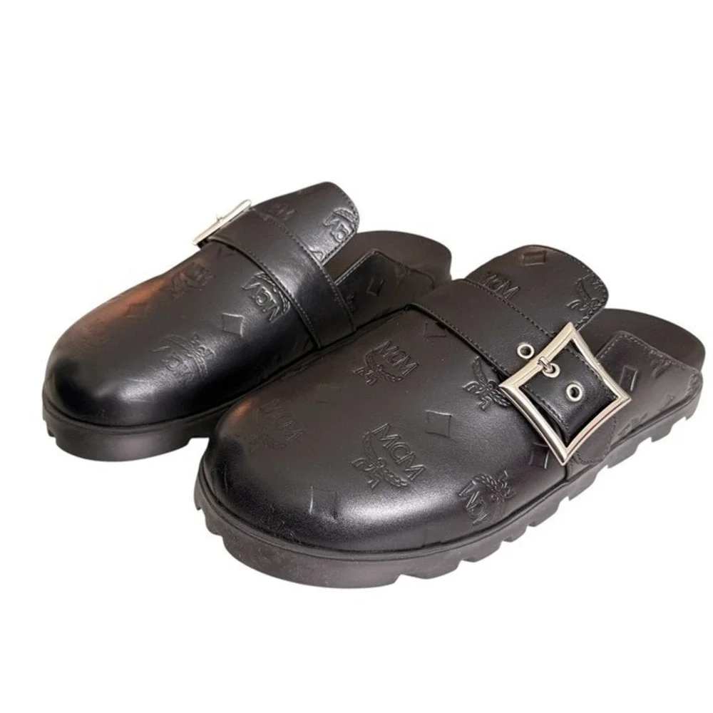 MCM Leather Men's Buckle Clogs (Flat‎ Mule In Black) Sizes 42